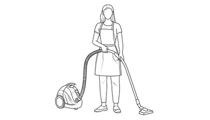 Line drawing of a person in an apron vacuuming with a canister vacuum cleaner