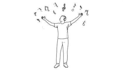 Line drawing of a person with outstretched arms wearing headphones, surrounded by musical notes and clef