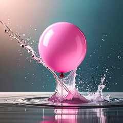 A pink balloon emerges from a splash in water, with a softly blurred color-gradient background