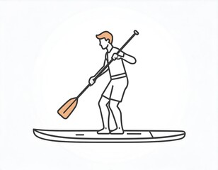 Line drawing of a person standing on a long board, paddling through water, on a sunny day