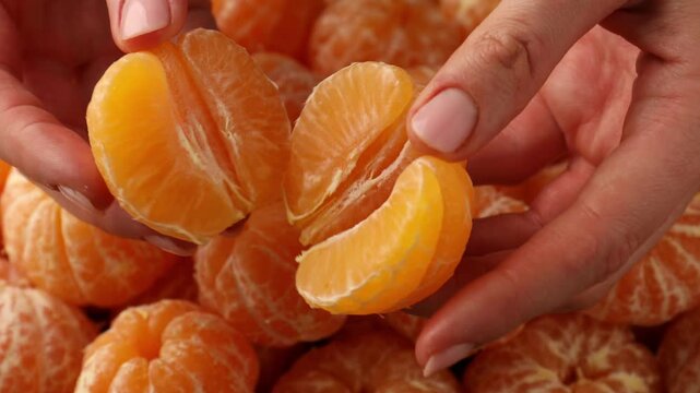 Woman taking peeled tangerine and separating it into segments, closeup