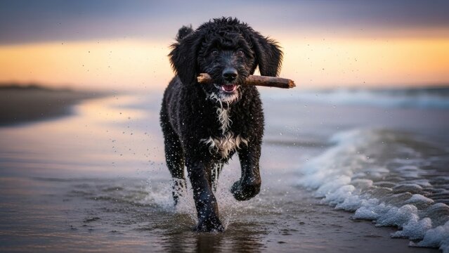 playful black dog running along shoreline with a stick in the sunset at the beach