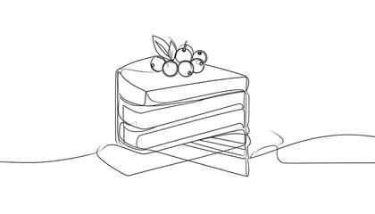 Line drawing of a slice of layered cake topped with berries and leaves, on white background