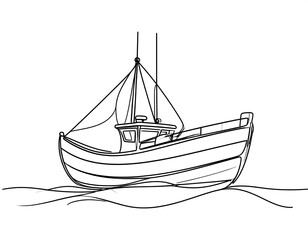 Line drawing of a small fishing vessel on undulating water, facing forward, with mast and cabin