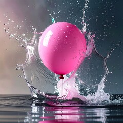 A pink balloon punctures a water surface, creating a dynamic splash against a soft, gradiated, blurred background