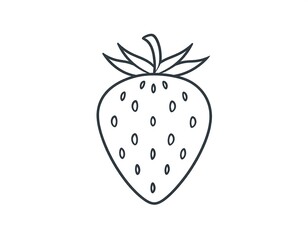 Line drawing of a stylized berry, featuring leaves on top and dotted details on the surface. Simple, clean, and minimalist illustration