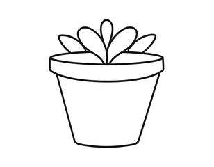 Line drawing of a succulent plant in a simple, stylized pot. The pot has a slightly flared shape and a defined rim. The plant features rounded, abstract leaves