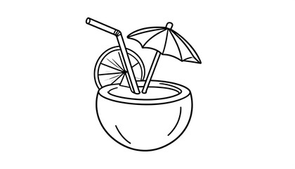 Line drawing of a tropical coconut drink, featuring a straw, a lemon slice, and a miniature parasol