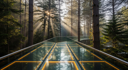 A contemporary glass bridge with integrated lighting extends through a dense forest as sunbeams filter through the trees.