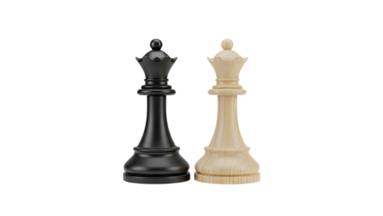 Black and white queen chess pieces on transparent background