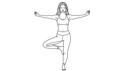 Line drawing of a woman in tree pose, arms outstretched, eyes closed. Wearing workout attire, standing on a white background