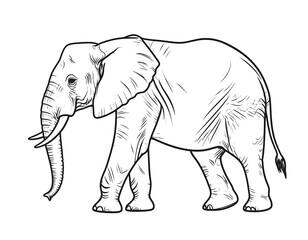 Line drawing of an elephant walking to the right, showcasing detailed anatomy with large ears and long tusks