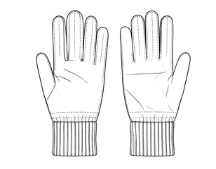 Line drawing of two gloves, front view, showcasing details like finger seams and ribbed cuffs
