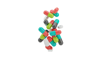 Pile of colorful capsules and pills on transparent background