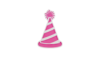 Pink Party Hat with White Stripes and Pom Pom on transparent background