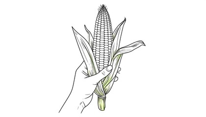 Line drawing shows a hand holding a freshly harvested ear of corn. The corn, with its husk, is against a white background