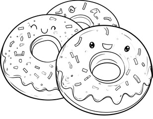 Line drawing shows three cheerful, sprinkle-covered treats with smiling faces, ready for coloring