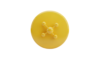 Yellow shiny stylized molecular structure on a circular base on transparent background