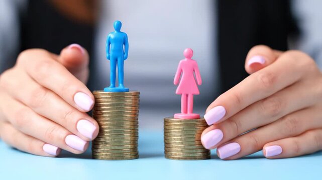 Gender pay gap concept visualized with blue and pink figures atop coin stacks, hands displayed for scale and to highlight contrast in a professional setting.