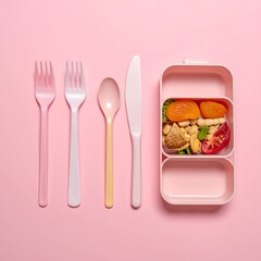 A pink lunchbox with fruit, nuts, and vegetables with pink cutlery on a pink background