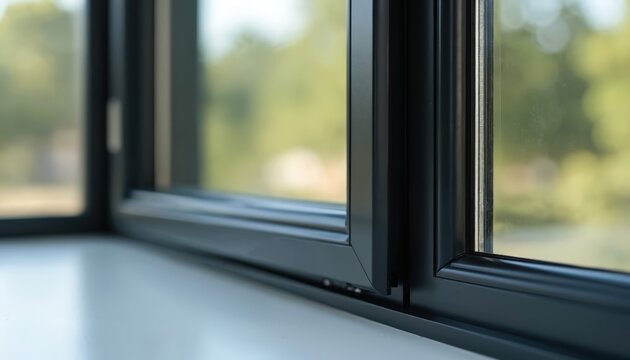 Black aluminum window frame with double pane glass. Modern architecture detail shows clean lines and structure. View outside through window shows green blurry trees.