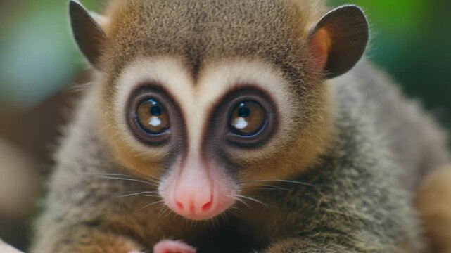 Close-up portrait of a slow loris with large eyes.