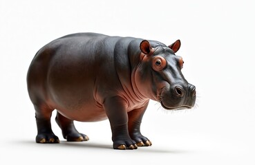 Fototapeta premium Pygmy hippopotamus poses in studio against white background. Small hippo cute mammal with big mouth and eyes looks to side. Isolated african creature.