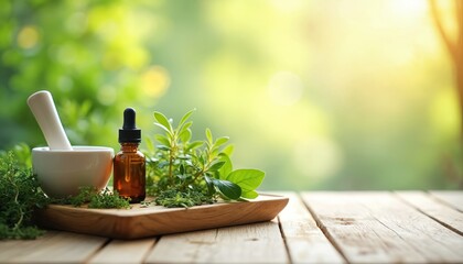 Mortar and pestle with dropper bottle and herbs. Natural oil extraction with botanical ingredients. Holistic wellness preparation for health and beauty.
