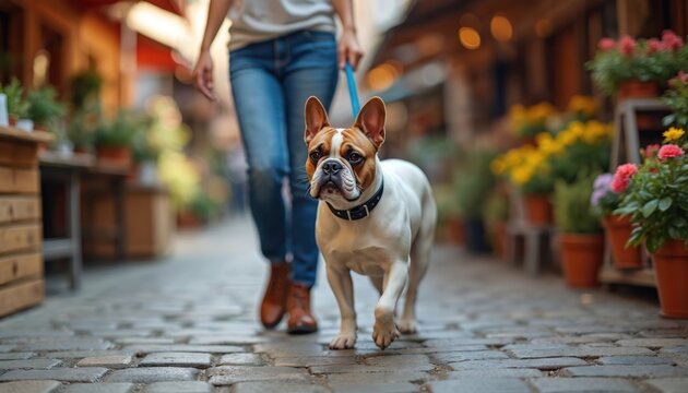 White french bulldog with brown spots walks on cobblestone street. Person holds leash, walks past plants. Urban market background, flowers, shops.