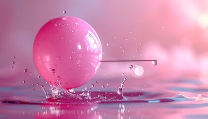 A pink sphere pierced by a needle creating water splashes, with soft, blurred pink and lavender background hues