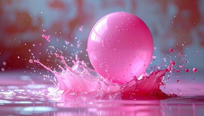 A pink sphere creating splash in a pink liquid, capturing the dynamic energy of the impact in a soft, blurred backdrop