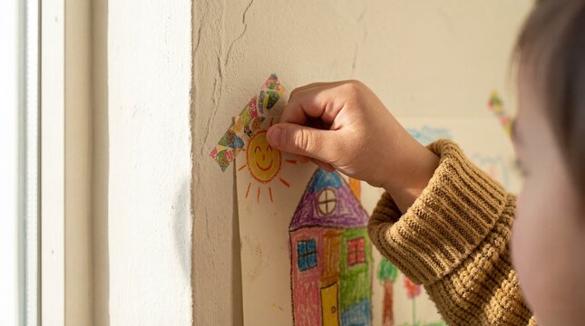Little child hand taping colorful house drawing on wall at home.