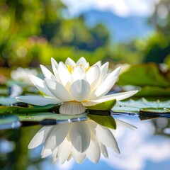 A white water lily sits atop green pads, reflecting in the pond under a bright, blurred sky