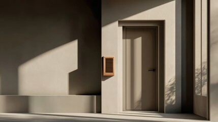Fototapeta premium Minimalist modern doorway with a recessed frame, soft beige walls, and sharp shadows forming geometry, calm..