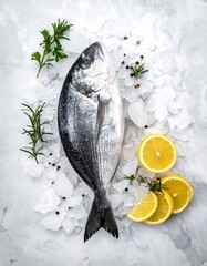 A whole fish lies on crushed ice with lemon slices and rosemary on a gray marble surface