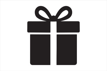 A simple black and white illustration of a gift box with a bow