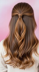 Naklejka premium Elegant brunette hairstyle featuring a half-up ponytail with soft curls against a pink backdrop