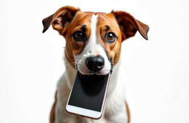 Brown and white dog holds smartphone in mouth. Cute pet looks at camera, ready for selfie or call. Funny animal with digital device, communication concept.
