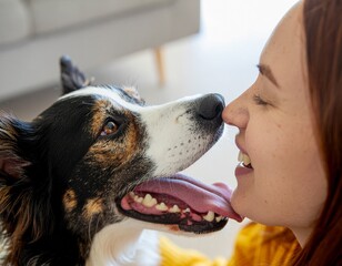Dog Licking Owner's Face Happily at Home. Pet Adoption Day Stories. A person's face being enthusiastically licked by their newly adopted dog in a close-up messy moment of pure joy and acceptance.
