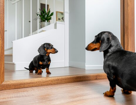 Dog Looking at Its Reflection in a New Mirror. Pet Adoption Day Stories. A dog pausing to look curiously at its reflection in a new full-length mirror in the hallway of its new home.
