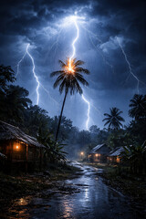 background of lightning striking a coconut tree