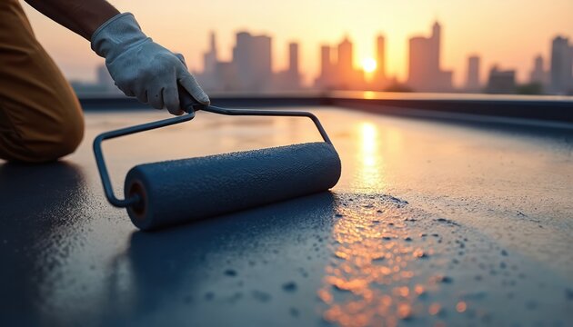 Worker applies waterproof coating on rooftop with roller brush. City skyline in sunset glow. Building exterior construction for weather protection. Home renovation.