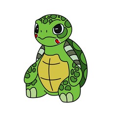 Obraz premium Grumpy green turtle cartoon character with two red heart-shaped stickers on its cheeks, sitting on a white background.