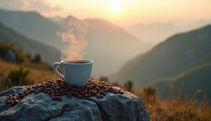 Steaming cup of coffee rests on rock in beans, with misty mountains at sunrise. Morning beverage offers warmth and energizing aroma for outdoor adventure.