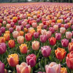 &ldquo;Vibrant Colorful Tulip Field in Full Bloom Under Blue Sky, Endless Rows of Pink Yellow and Orange Tulips in Spring Landscape, Beautiful Flower Farm Countryside Nature Background&rdquo;
