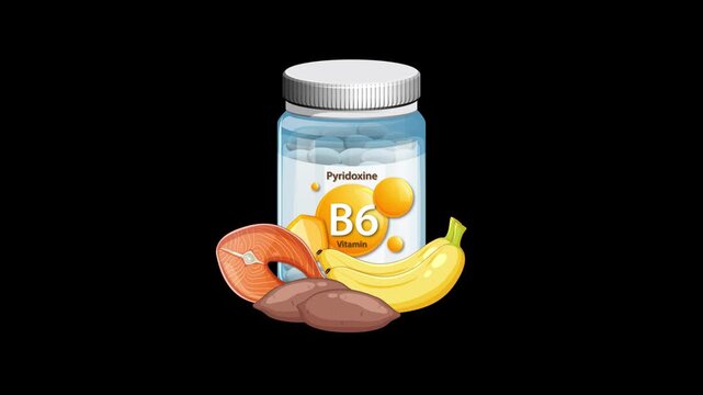 Vitamin B6 Supplement Bottle Animation With Food Sources Appearing