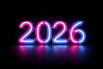 Vibrant 2026 Neon Sign with Pink and Blue Glow on Dark Background, Representing New Year, Future, and Celebration