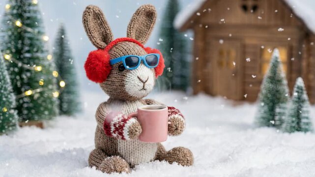 Knitted Bunny Rabbit Character Wearing Red Ear Muffs Blue Sunglasses and Mittens Holding a Pink Mug of Hot Drink in Snowy Winter Landscape