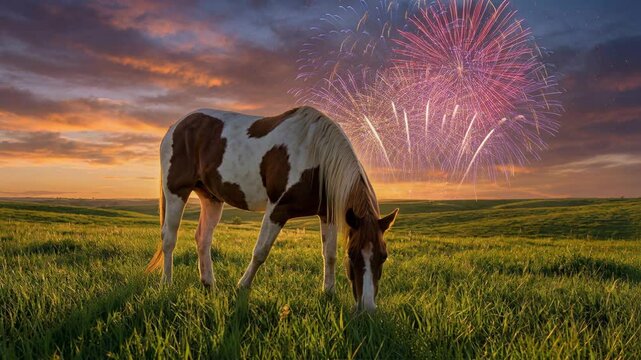 Majestic Pinto Horse Grazing in a Grassy Field Under a Dramatic Sunset Sky with Fireworks Display