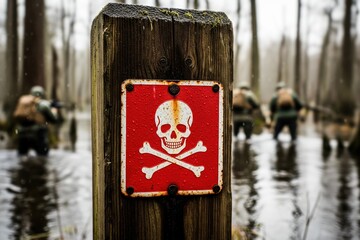 Obraz premium Gritty skull and crossbones warning on a mossy post, foregrounding a perilous mission as armed personnel trudge through the desolate, waterlogged woods